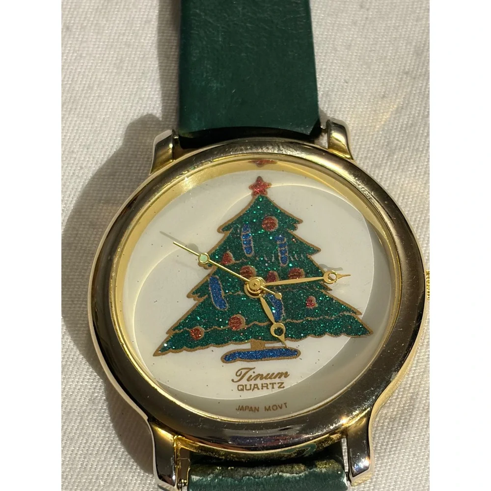 Tinum Quartz Christmas Tree Watch Gold Tone Green Leather Strap Holiday‎